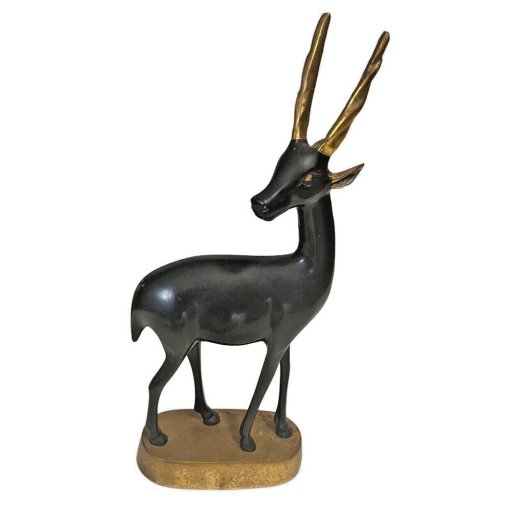 Vintage MCM Black Lacquered Brass Standing Antelope Gazelle Sculpture Figurine